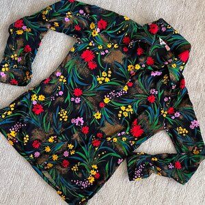 70's Tarvi Black Floral Print Blouse - SIze Small/Mediu
